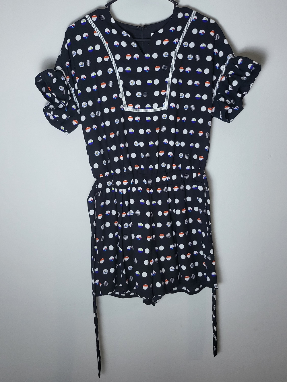 Black Polka Dot Short Sleeve Romper with Contrast Trim